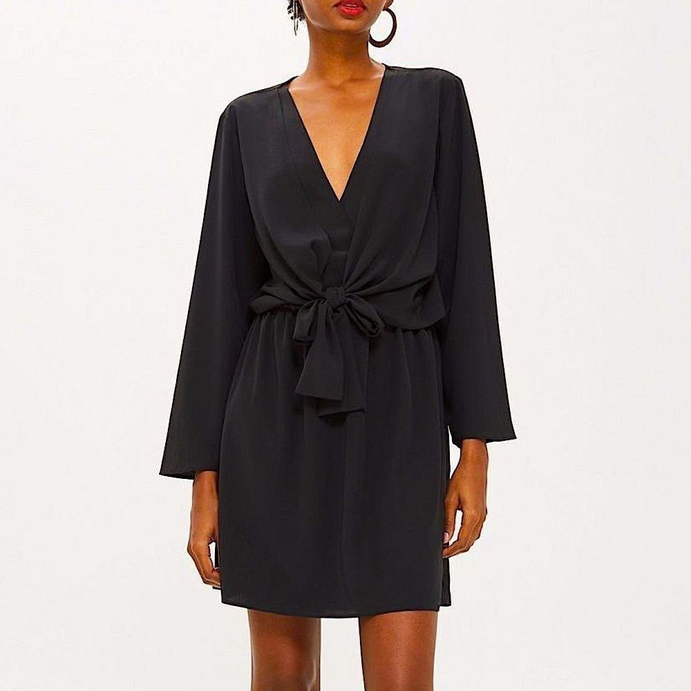 TOPSHOP Tiffany Knot Black Long Sleeve V-neck Mini Dress